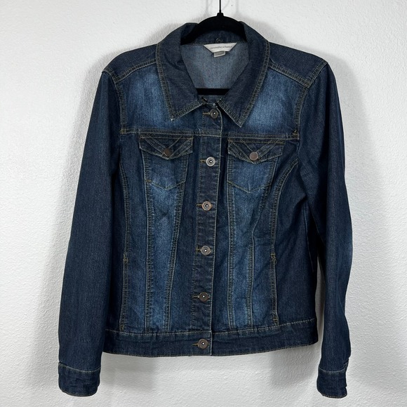 Christopher & Banks Denim Jean Jacket Womens M‎ Blue Dark Wash Stretch Button - Picture 1 of 14